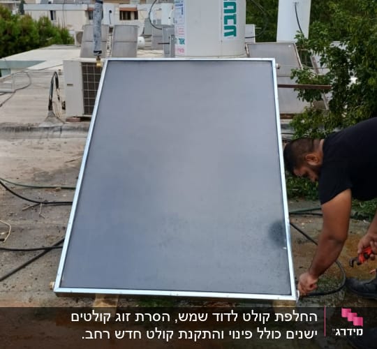 אדם עובד על דוד שמש על גג עם רקע עירוני